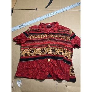 Karibo Red Ethnic‎ V Neck Shirt XL, Button Front Women's Top, Contemporary Style